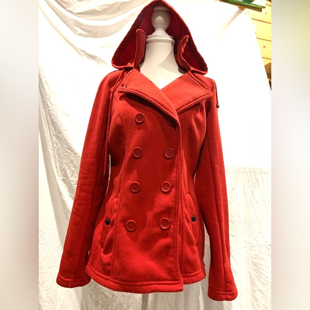 Hooded Pea Coat Jacket Women Large Red Cotton Blend Preppy Coquette Chic BONGO